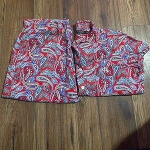 Lauren RL Red Paisley 55% Cotton Blend Breathable PJ SS Collared Top, Long Pants